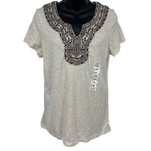 Charter Club Womens Oatmeal Short Sleeve Top Size Large Embroidery V-Neck New
